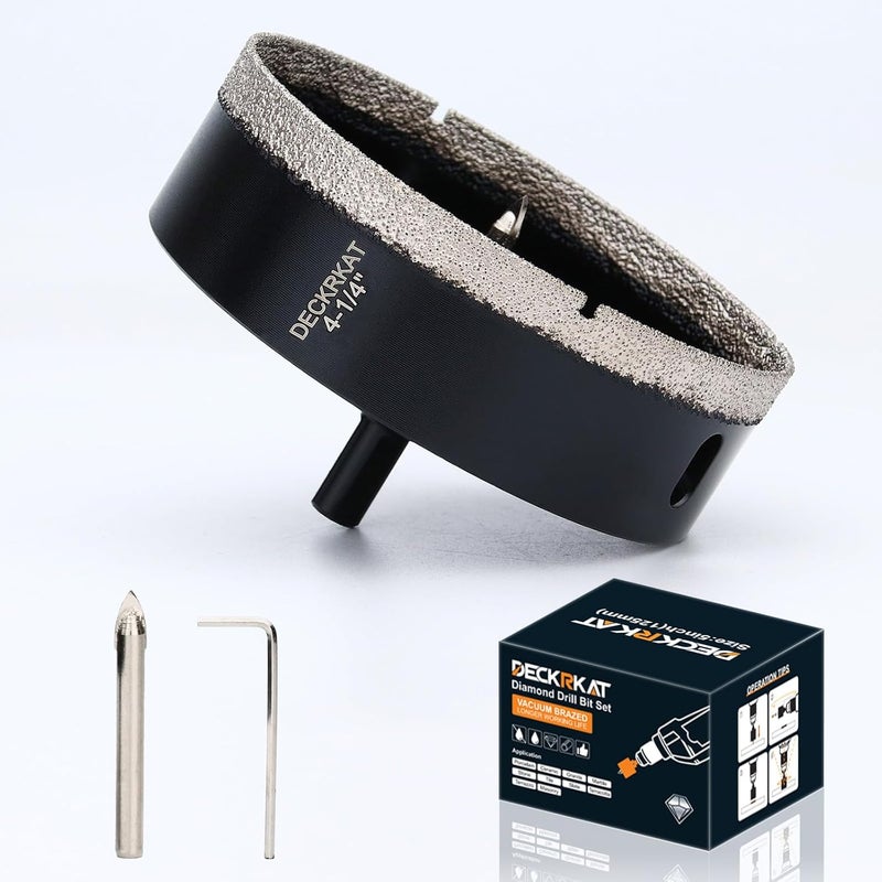 DECKRKAT 4-1/4 inch Diamond Hole-Saw Bits with Pilot Drill Bit -4-1/4" Diamond Tipped Tile Hole Saws with Guiding Bit Accurate Drilling for Porcelain Tile Ceramic Pottery Granite Stone Glass Bottles 110mm. - Image 1